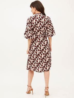 Brown Stoke Printed Draped Midi Dress