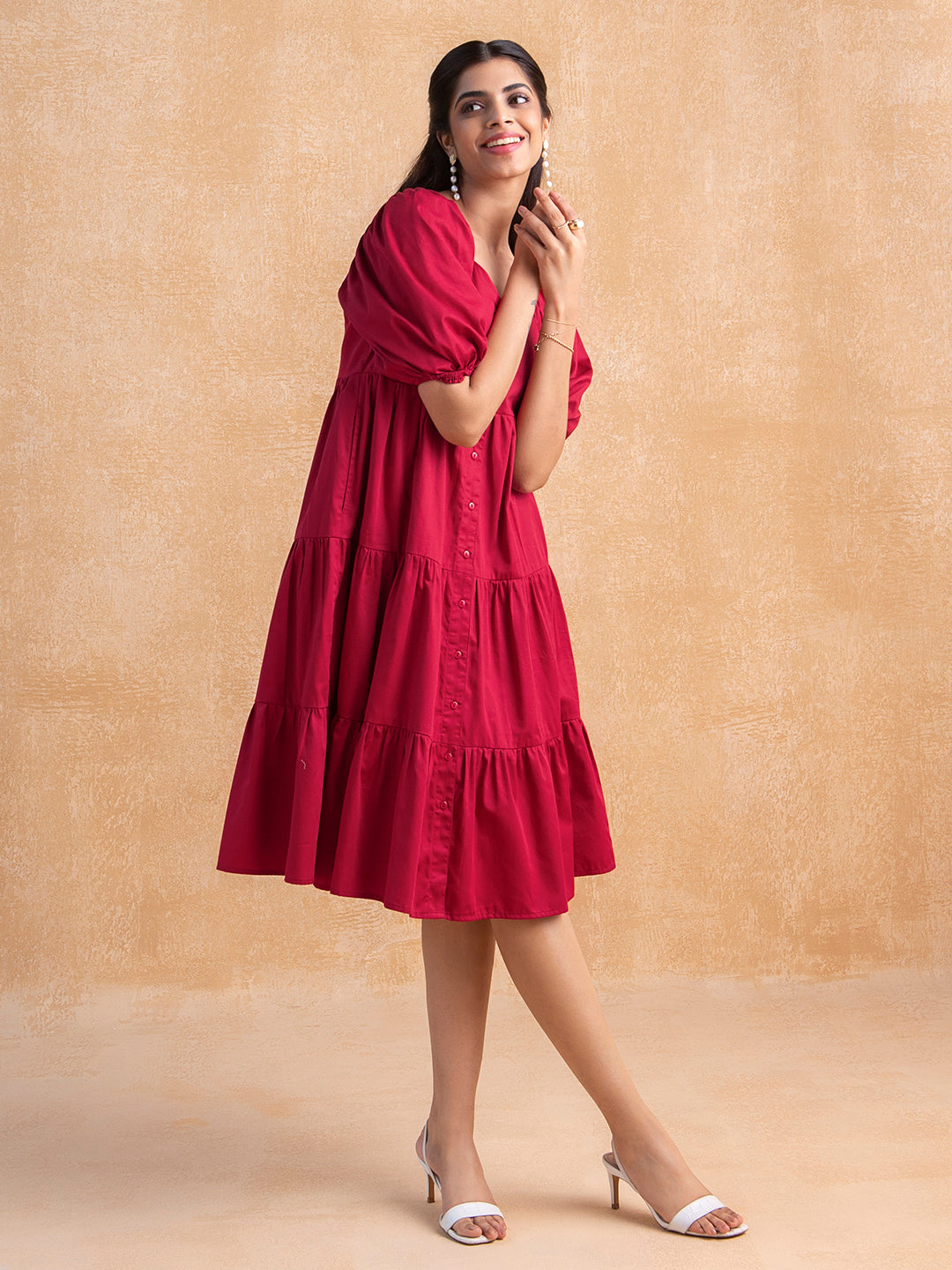 Red Cotton Tiered Shirt Midi Dress
