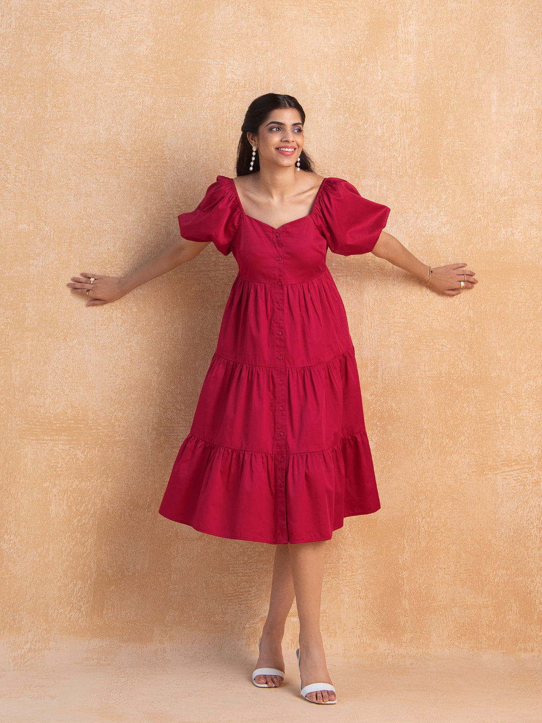 Red Cotton Tiered Shirt Midi Dress