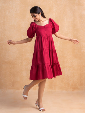 Red Cotton Tiered Shirt Midi Dress