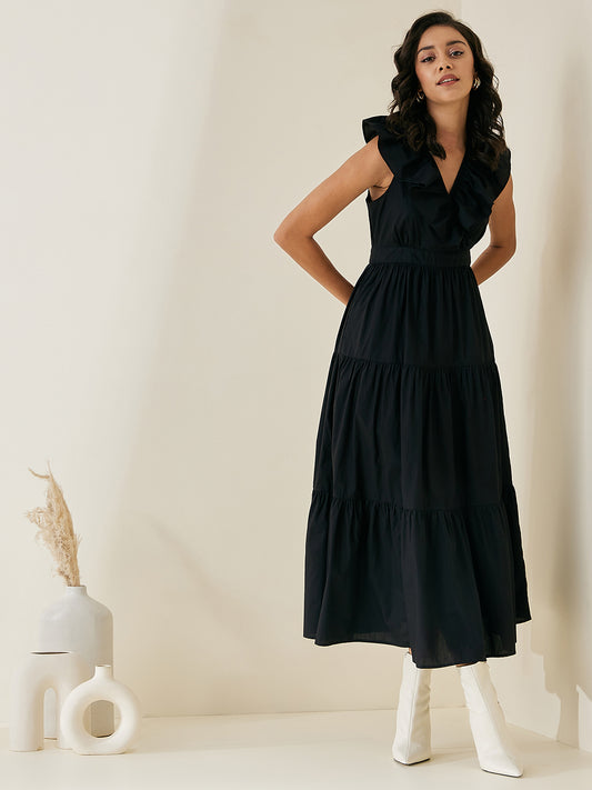 Black Cotton Poplin Tiered Maxi Dress