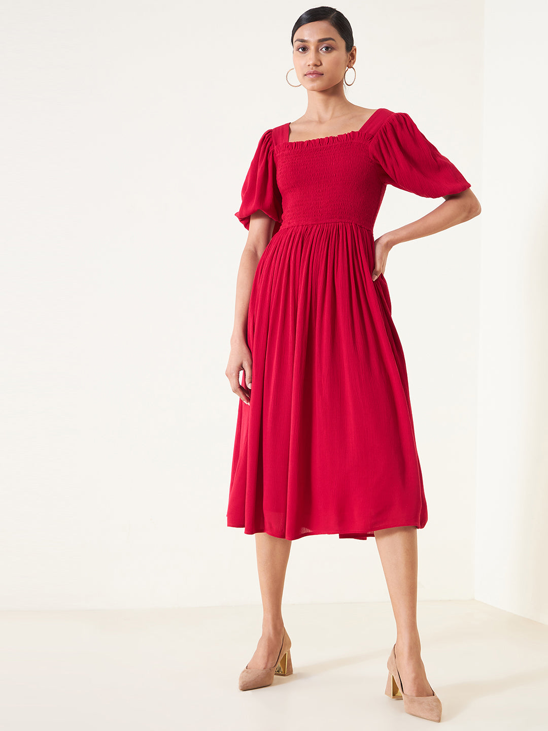 Red Crinkled Smocked Midi Dress