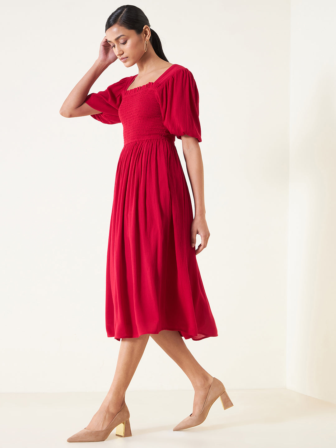 Red Crinkled Smocked Midi Dress