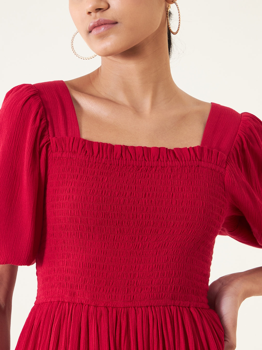 Red Crinkled Smocked Midi Dress