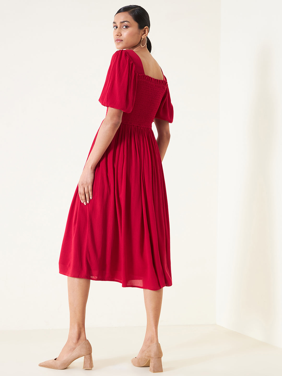 Red Crinkled Smocked Midi Dress
