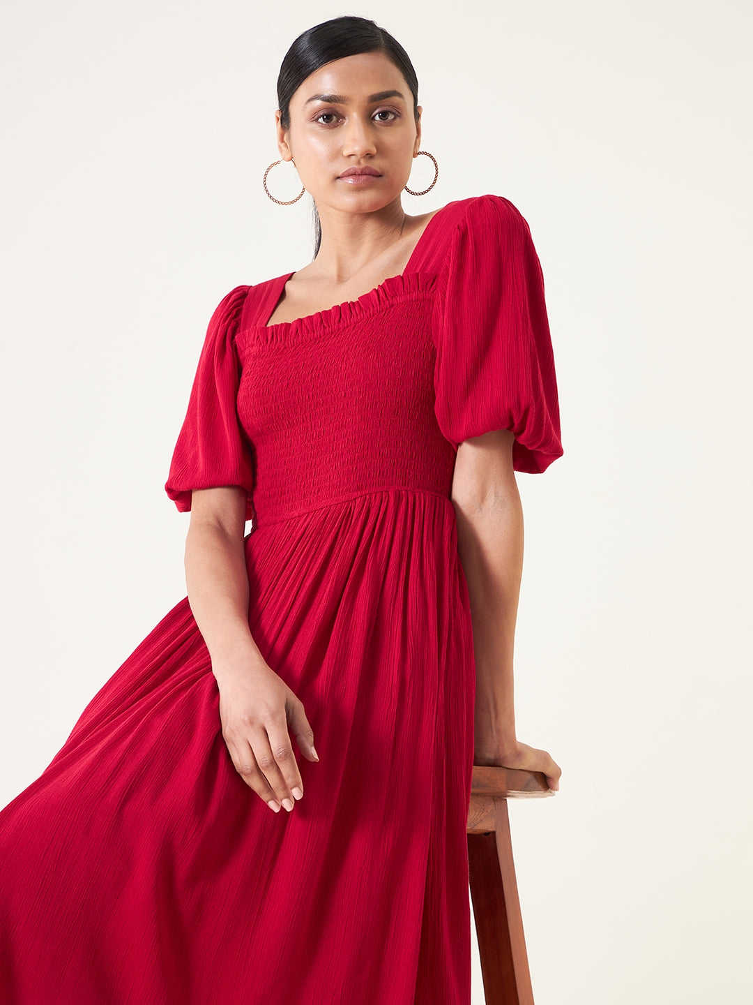 Red Crinkled Smocked Midi Dress