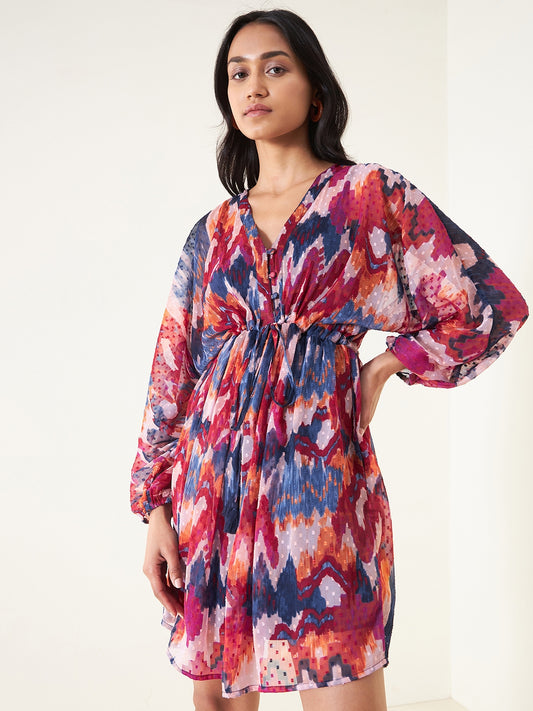Multi Color Abstract Dobby Kimono Mini Dress