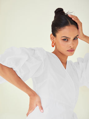 White Cotton Poplin Wrap Midi Dress