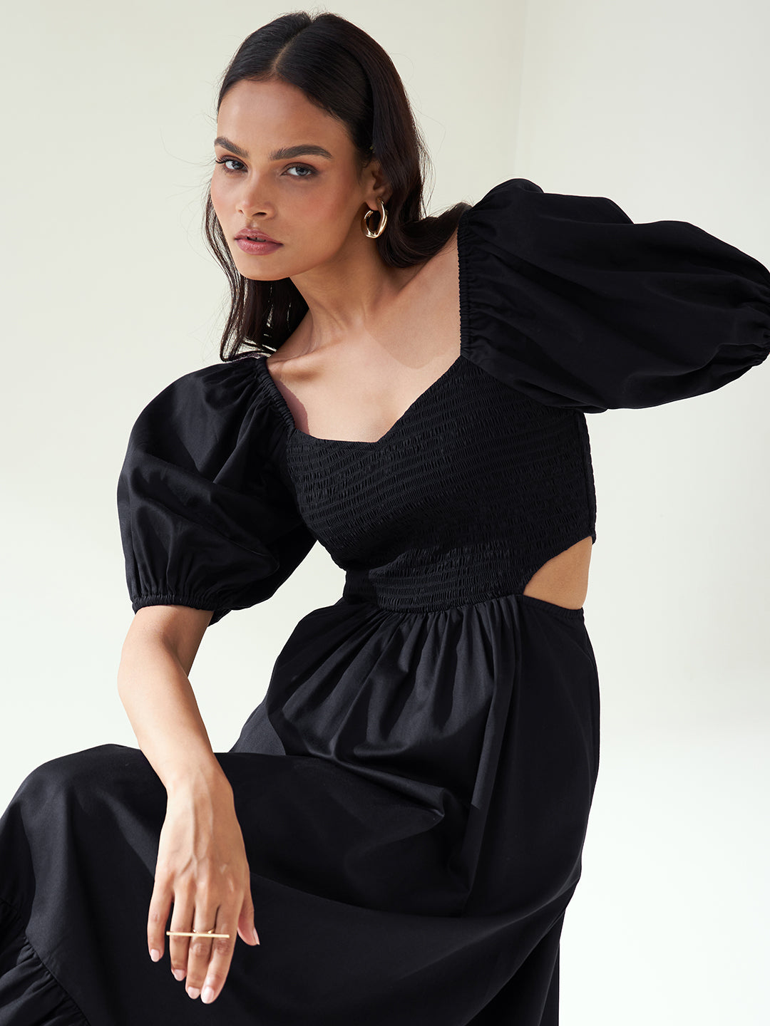 Black Cotton Smocked Cut Out Maxi Dress