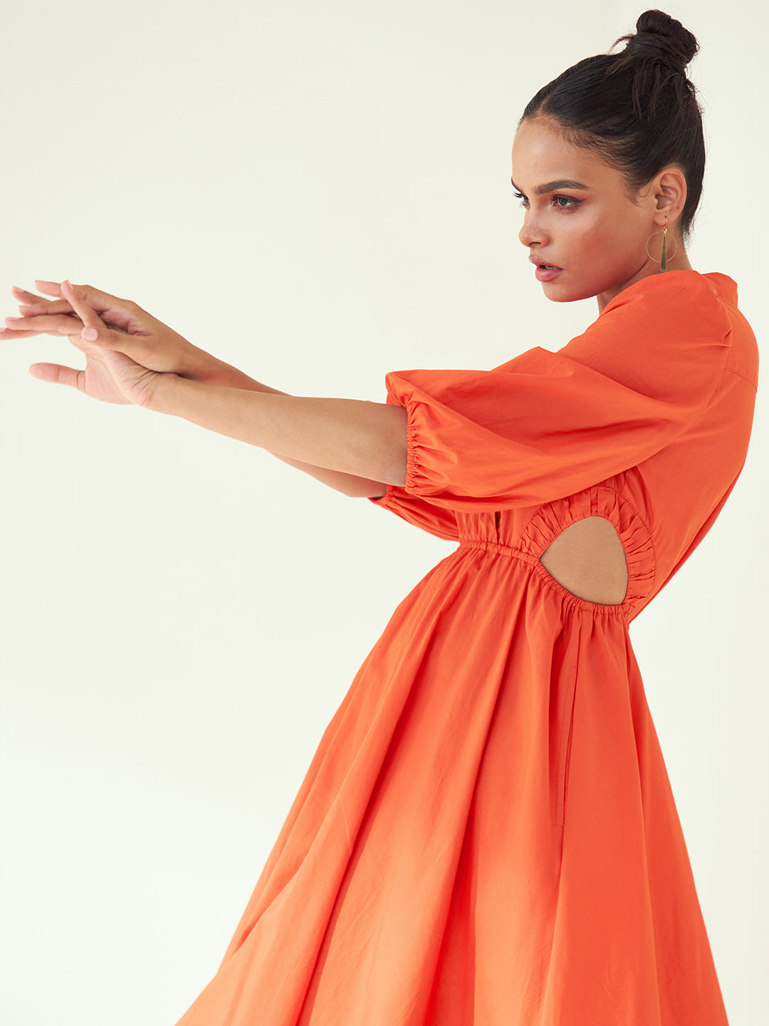 Orange Cotton Poplin Cutout Midi Dress