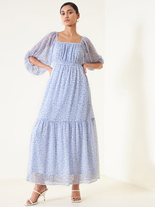 Blue Floral Dobby Ruched Tiered Maxi Dress