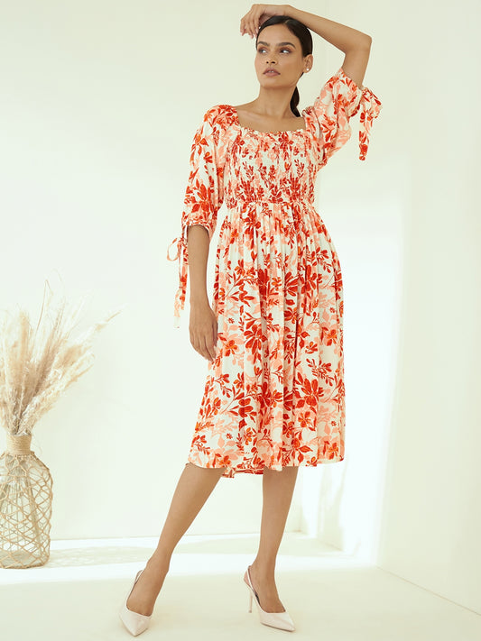 Orange Floral Smocked Midi Dress