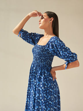Blue Floral Smocked Midi Dress