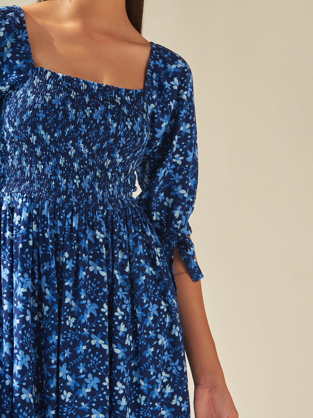 Blue Floral Smocked Midi Dress