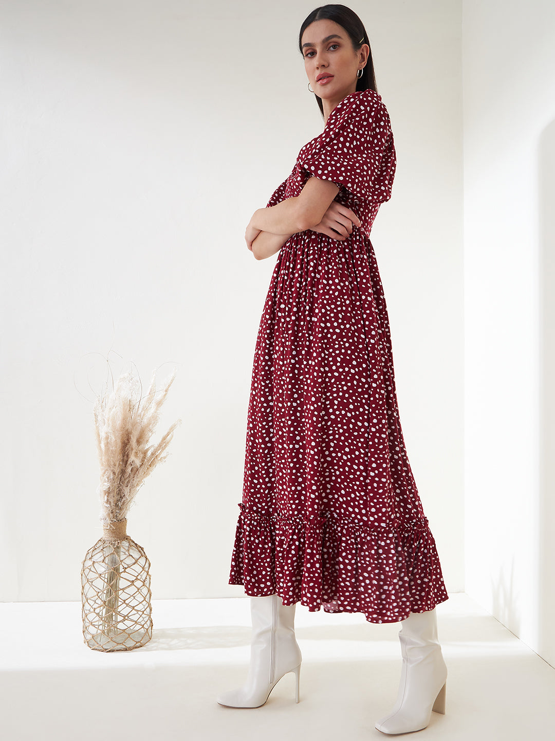 Red Ditsy Polka Tiered Maxi Dress