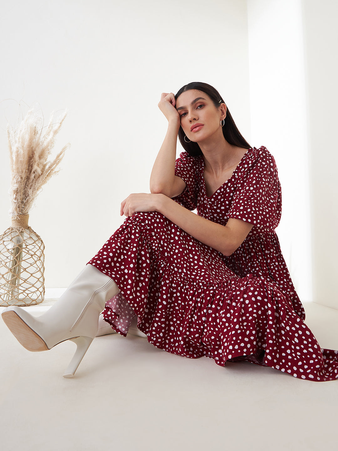 Red Ditsy Polka Tiered Maxi Dress