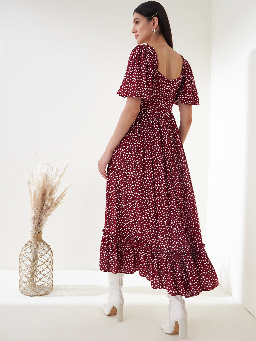 Red Ditsy Polka Tiered Maxi Dress