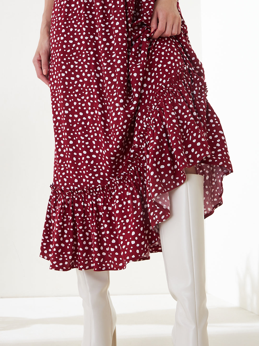 Red Ditsy Polka Tiered Maxi Dress