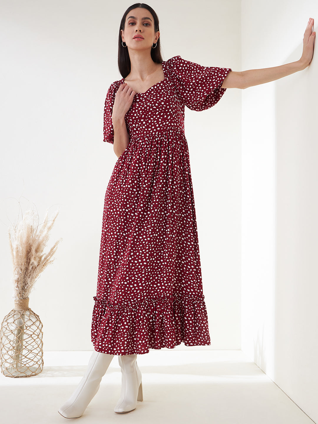 Red Ditsy Polka Tiered Maxi Dress