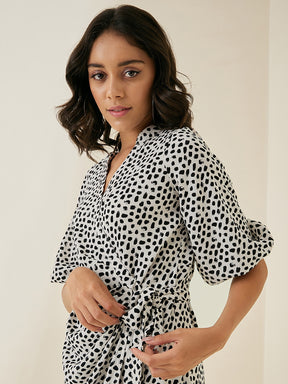 Black Printed Wrap Midi Shirt Dress