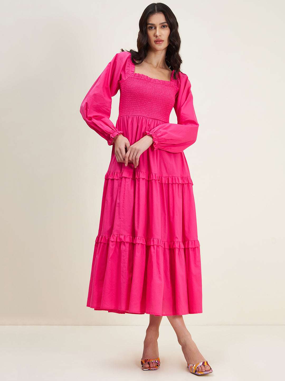 Pink Cotton Smocked Maxi Dress