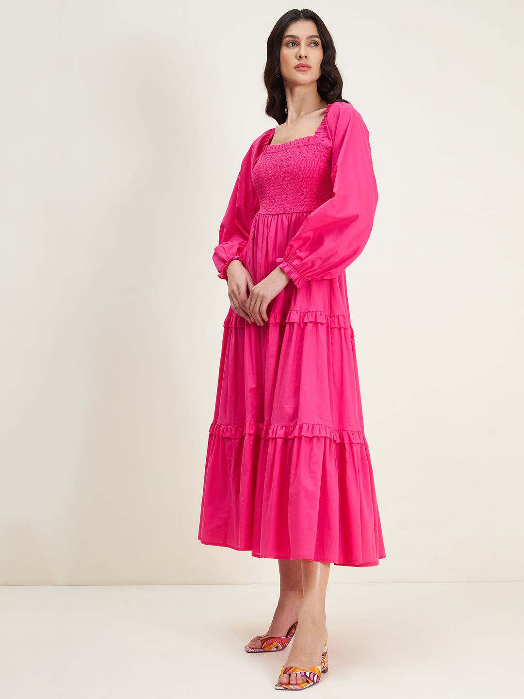 Pink Cotton Smocked Maxi Dress
