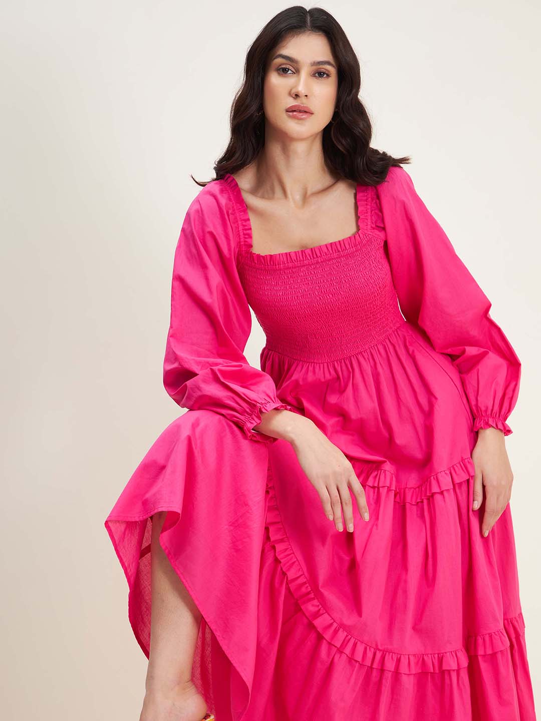 Pink Cotton Smocked Maxi Dress