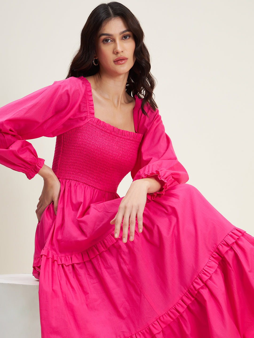 Pink Cotton Smocked Maxi Dress