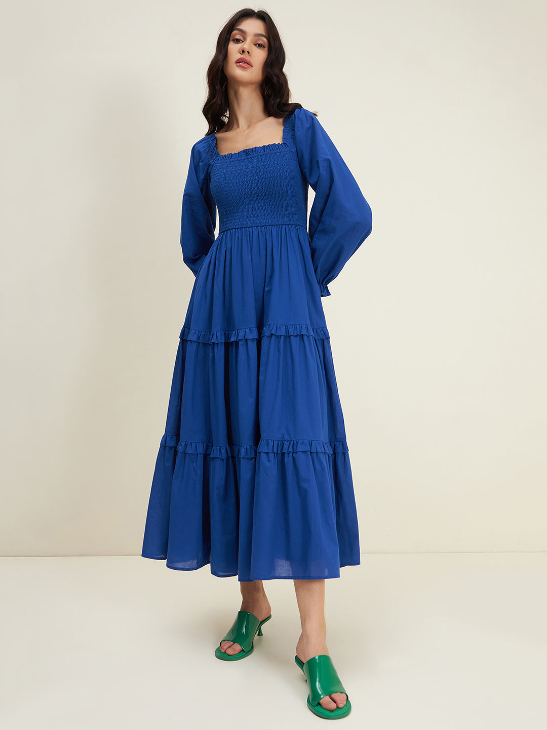 Blue Cotton Smocked Maxi Dress
