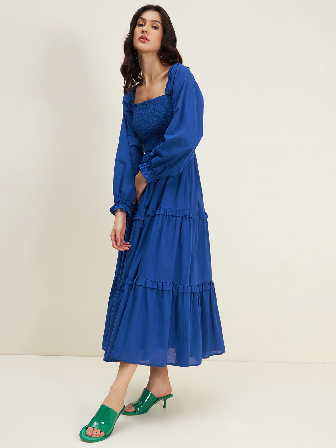 Blue Cotton Smocked Maxi Dress