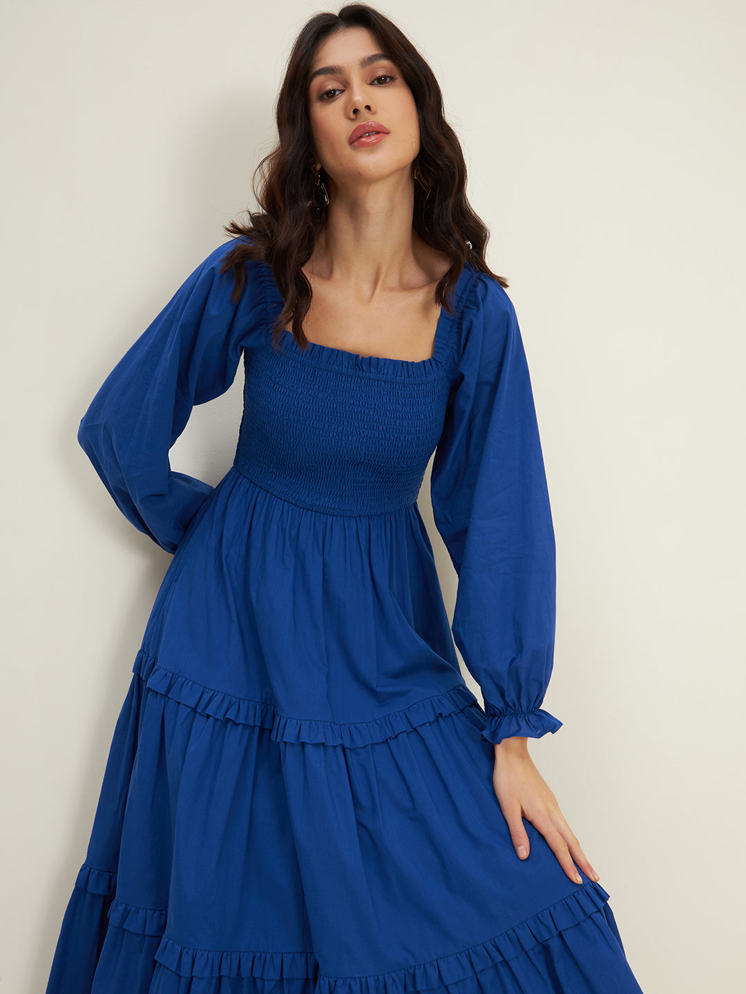 Blue Cotton Smocked Maxi Dress