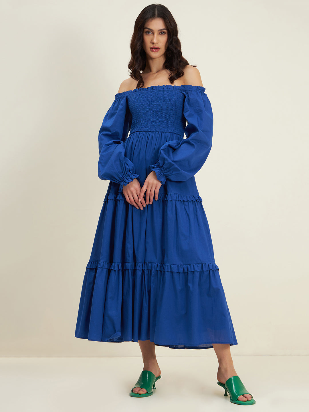 Blue Cotton Smocked Maxi Dress