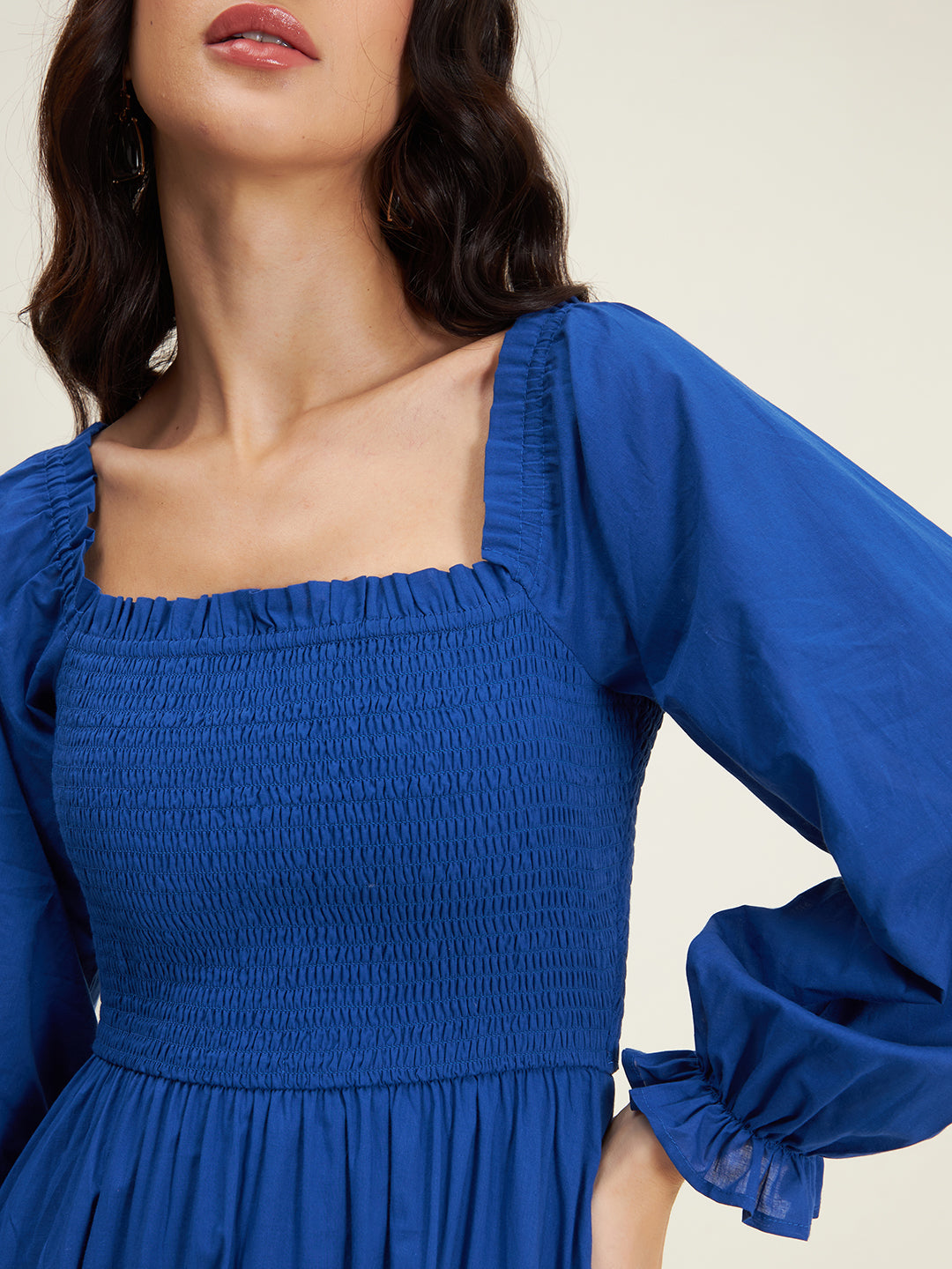 Blue Cotton Smocked Maxi Dress