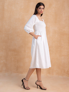 White Cotton Smocked Midi Dress