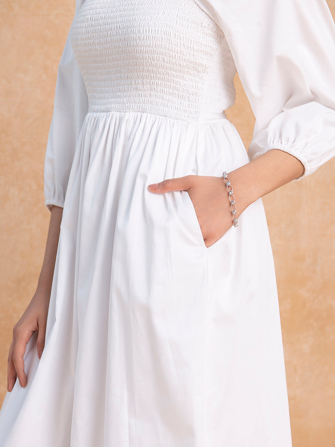 White Cotton Smocked Midi Dress
