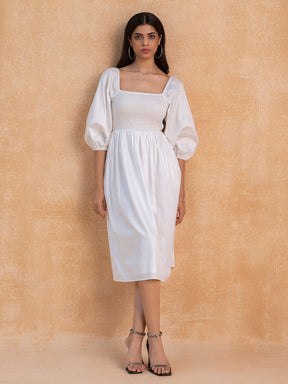 White Cotton Smocked Midi Dress