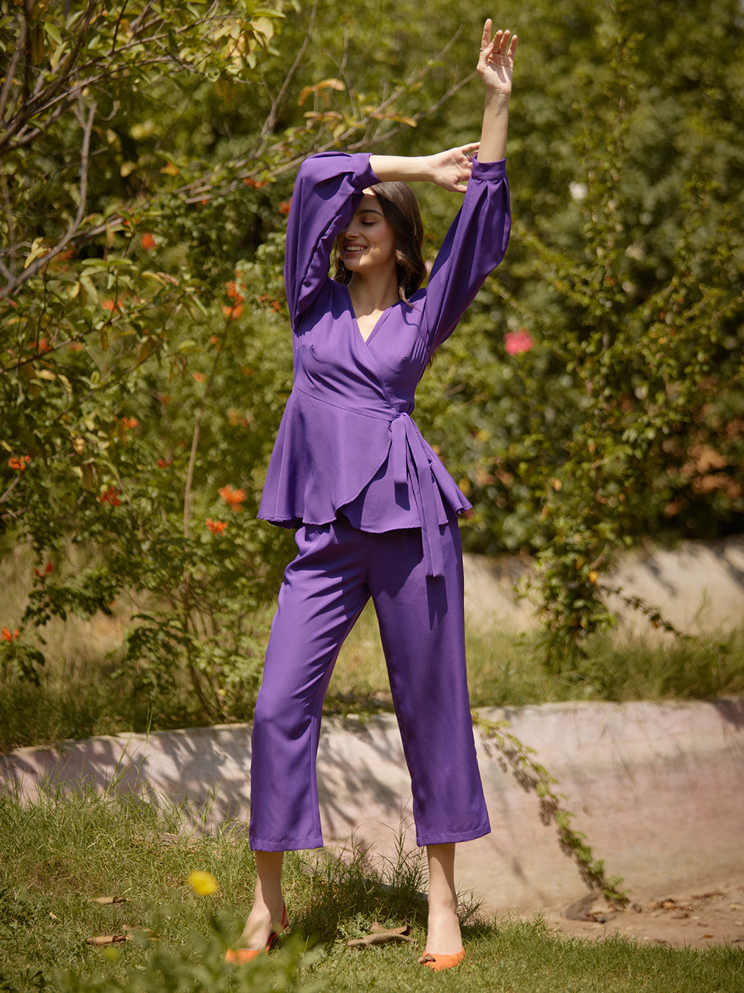 Purple Solid Peplum Co-Ord Set