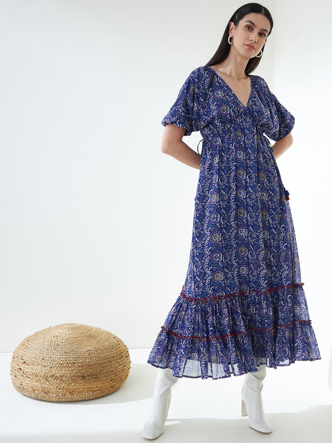 Blue Printed Cotton Tiered Maxi Dress