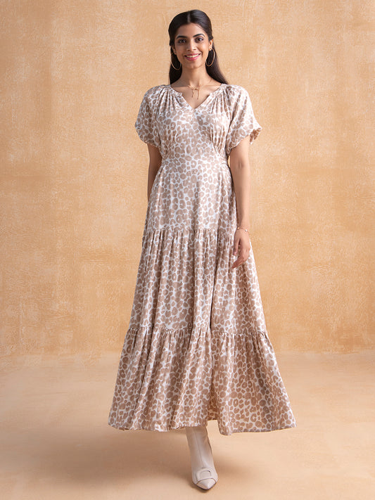 Beige animal printed tiered maxi dress