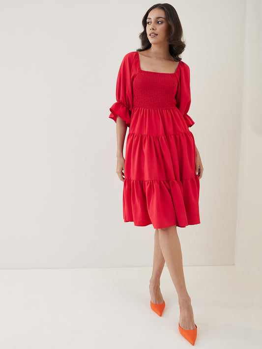 Red Solid Smocked Tiered Midi Dress