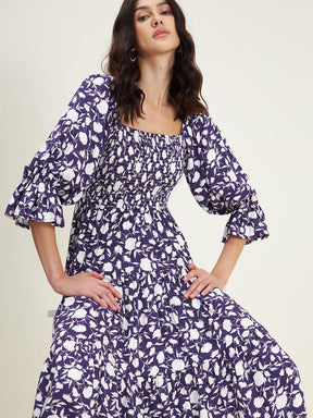 Purple Floral Smocked Tiered Midi Dress