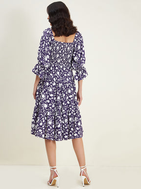 Purple Floral Smocked Tiered Midi Dress