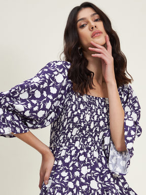 Purple Floral Smocked Tiered Midi Dress