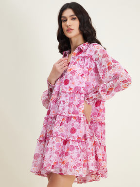 White Floral Tiered Shirt Mini Dress
