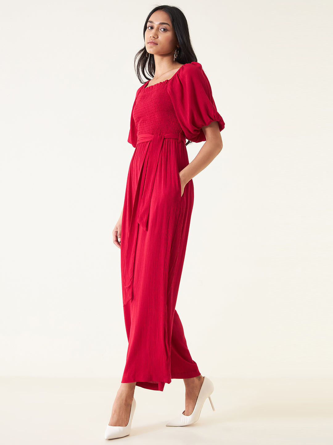 Red Smocked Jumpsuit