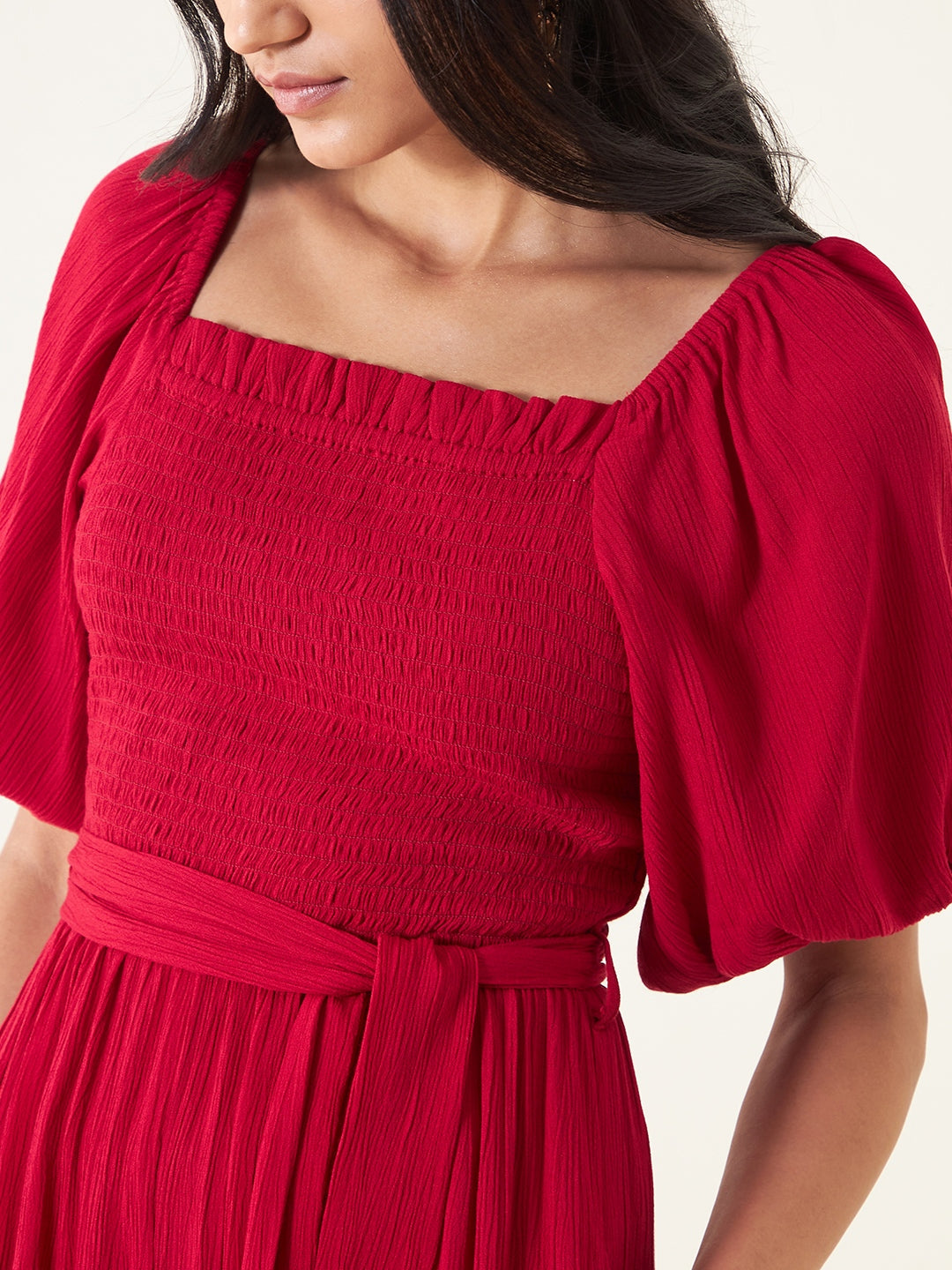 Red Smocked Jumpsuit