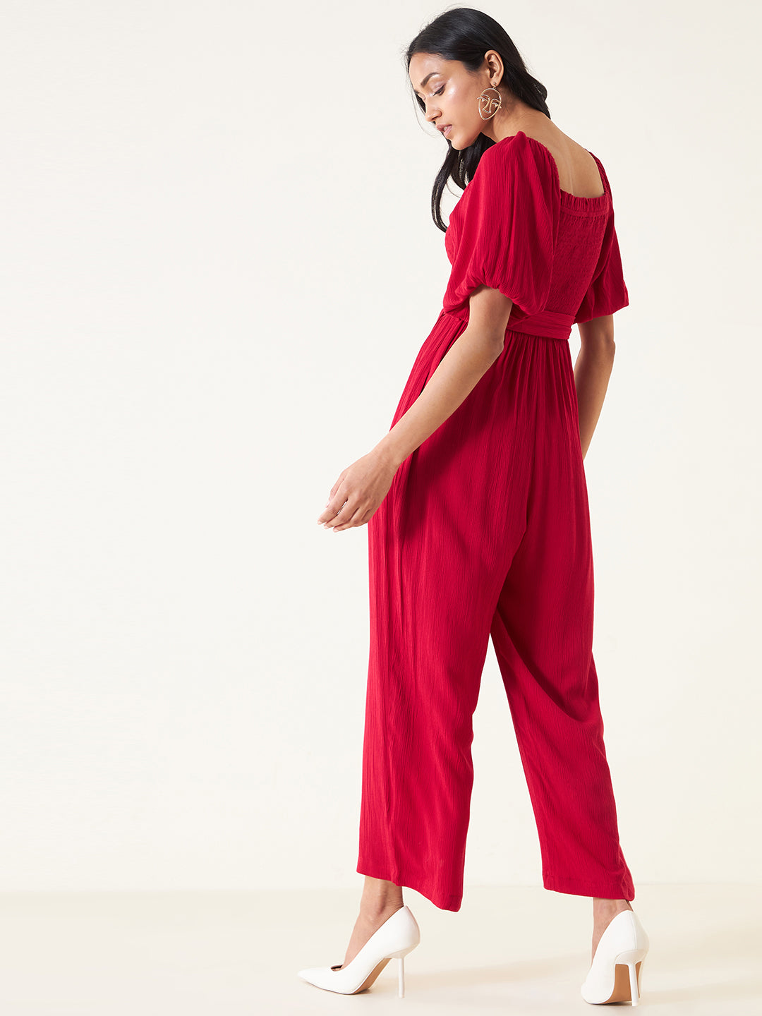 Red Smocked Jumpsuit