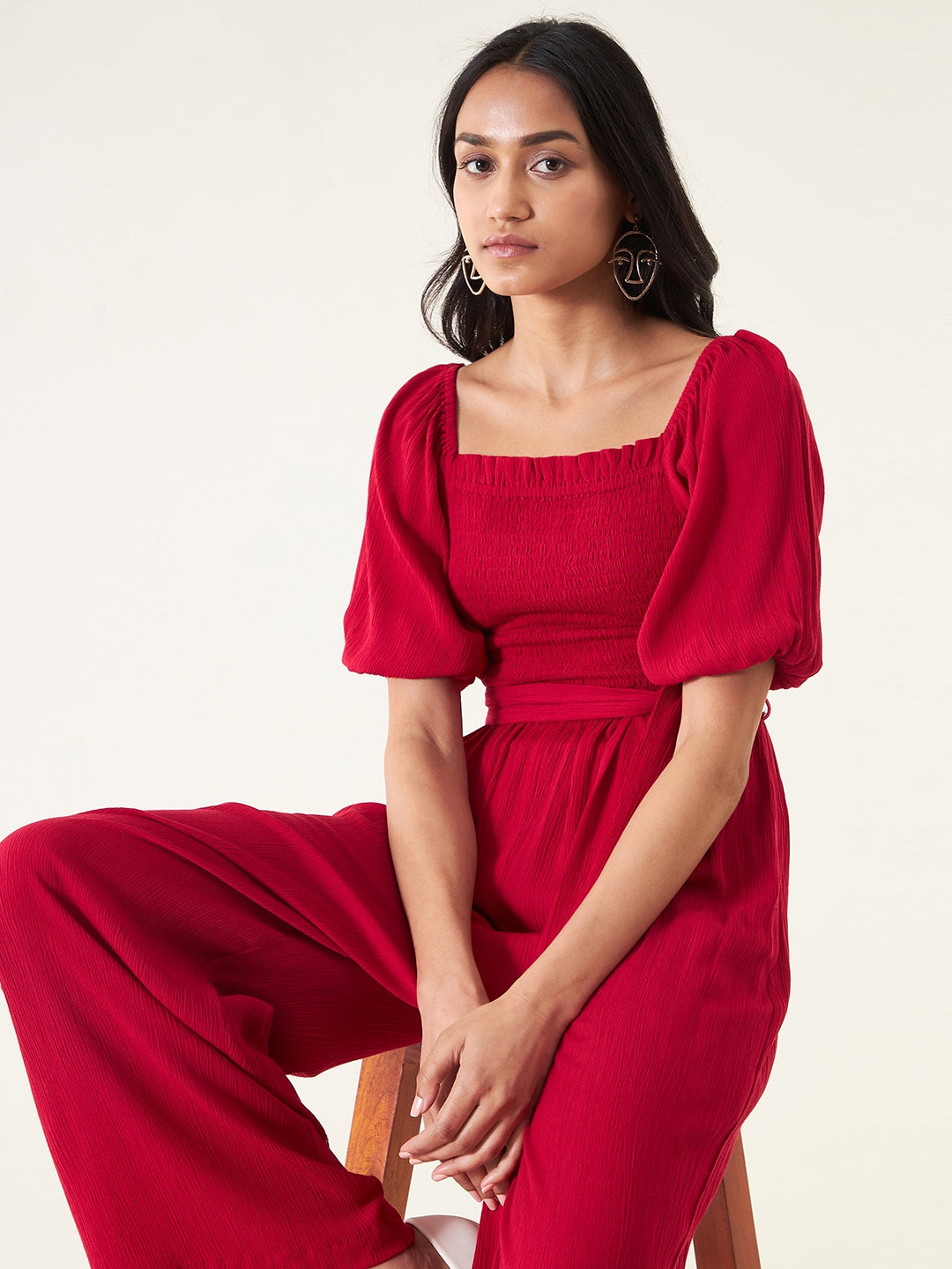 Red Smocked Jumpsuit