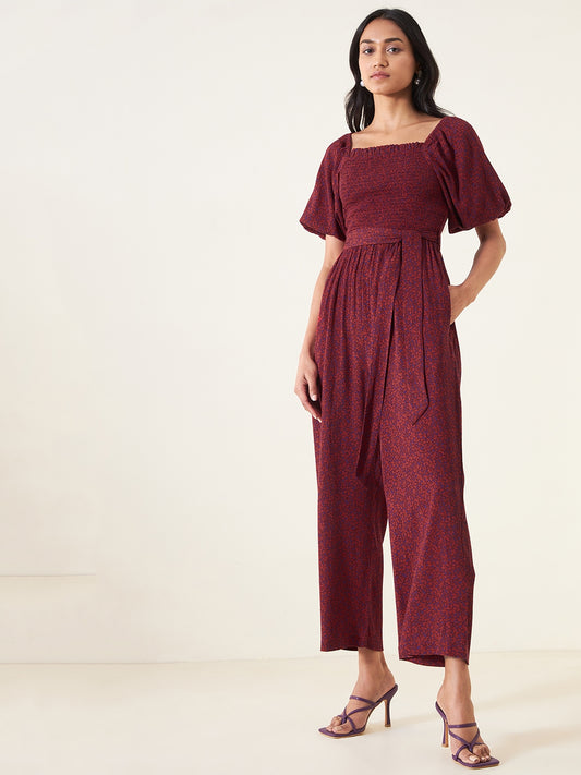 Rust And Purple Floral Smocked Jumpsuit