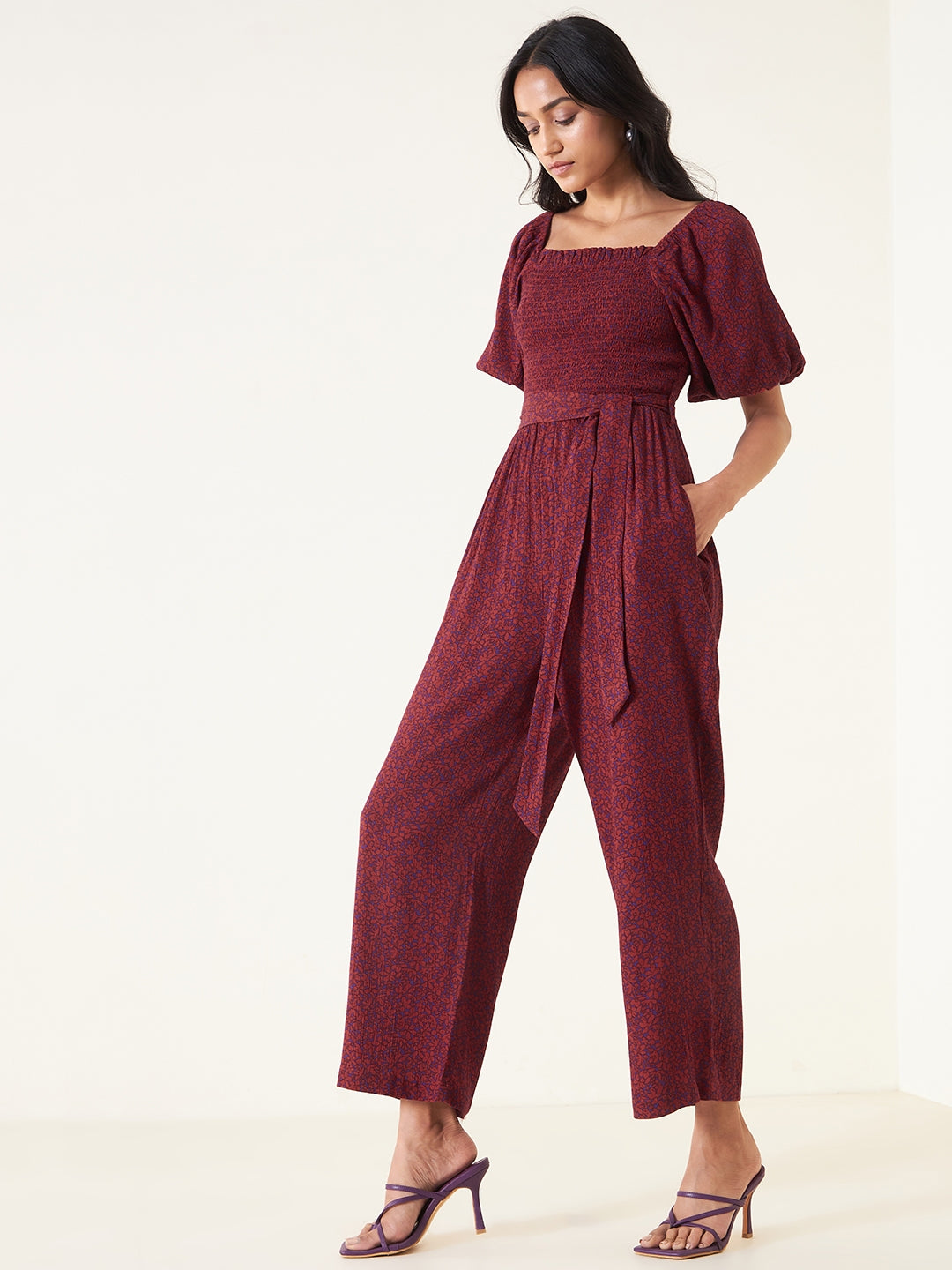 Rust And Purple Floral Smocked Jumpsuit